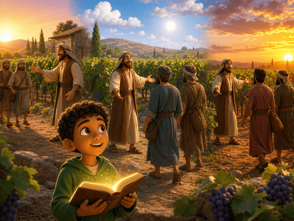 The owner calls workers into the vineyard at different times while Michael reads the Bible