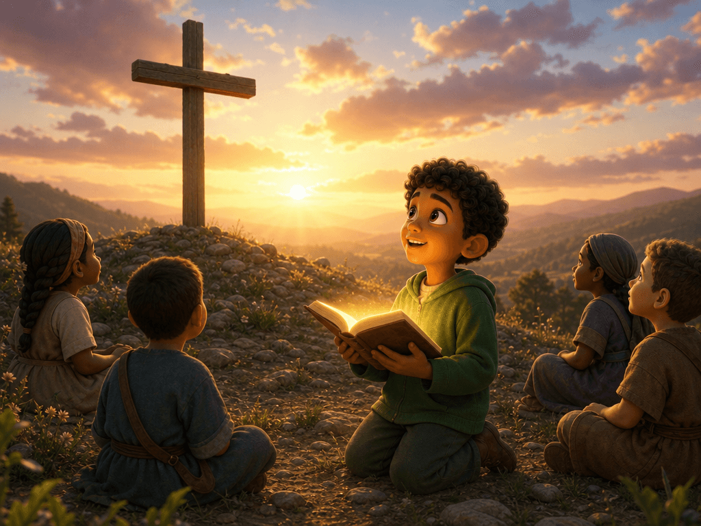 Michael and children look toward the empty cross in the sunrise