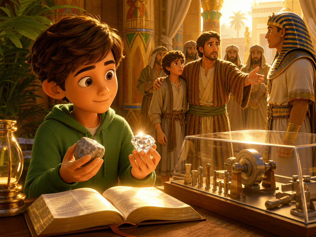 Michael holds a rough stone and a cut diamond while Judah protects Benjamin