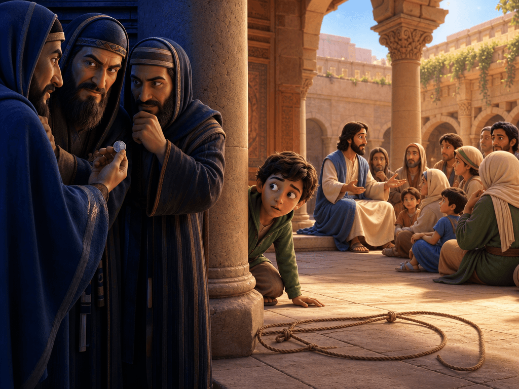 A loose rope loop on the floor symbolizes the Pharisees and Herodians trying to trap Jesus with a question