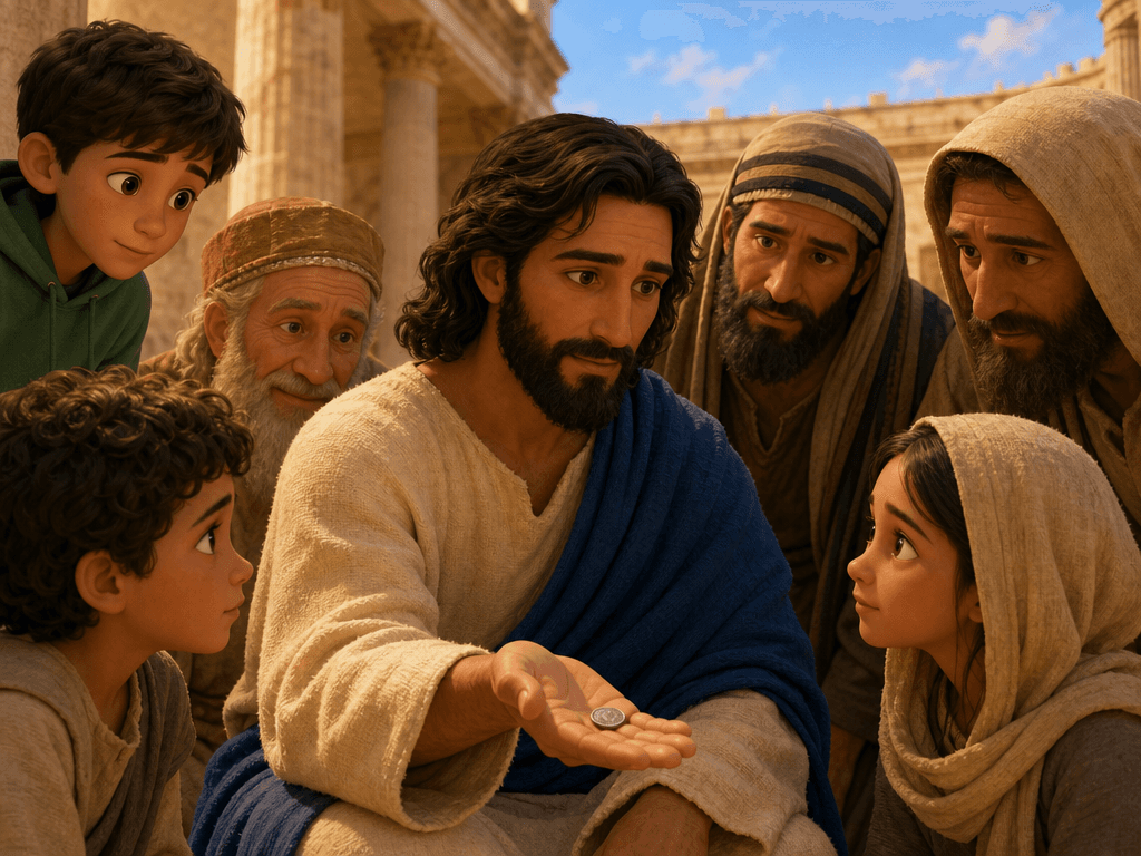Jesus holds one Roman coin while Michael and the listeners look carefully