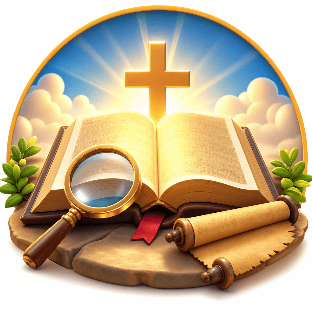 An illustrated Bible, cross, and magnifying glass invite careful reading.