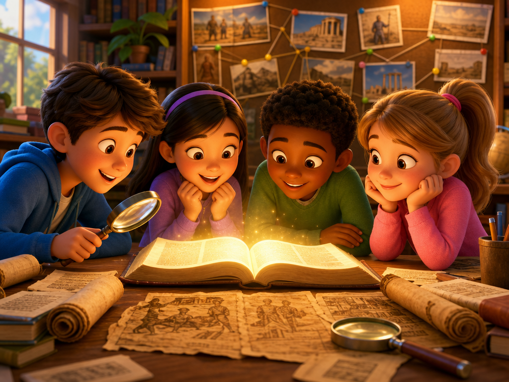 Children investigating Bible manuscripts around an open glowing Bible