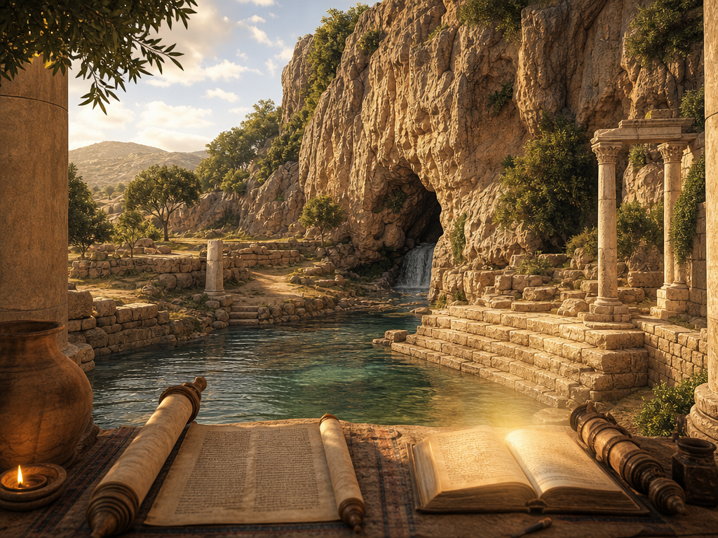 Original reconstruction of rocky cliffs, springs, ruins, and manuscript materials inspired by Caesarea Philippi.