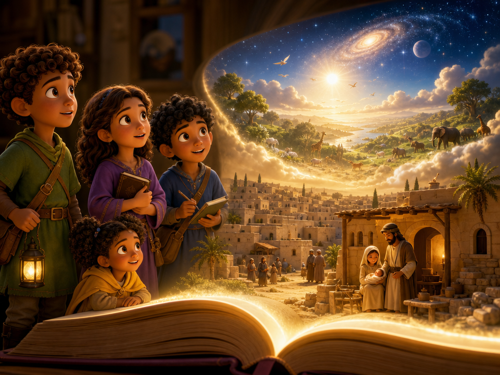 An open Bible shines with creation light and a humble first-century village, showing that the eternal Word became human.