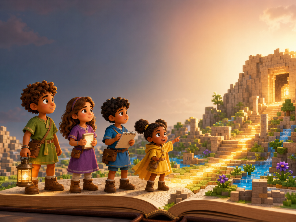 Junior Disciples children follow a glowing path across an open Bible landscape inspired by Caesarea Philippi.