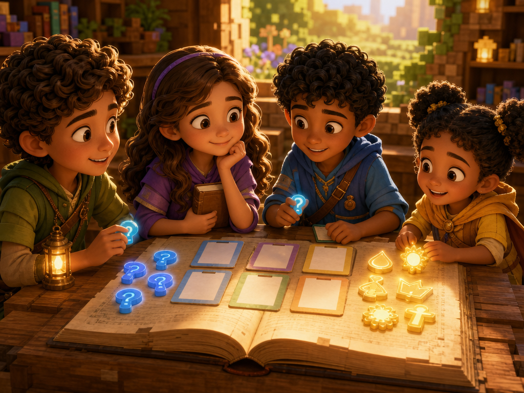 Junior Disciples children sort blank identity cards and glowing evidence tokens on an open Bible activity table.